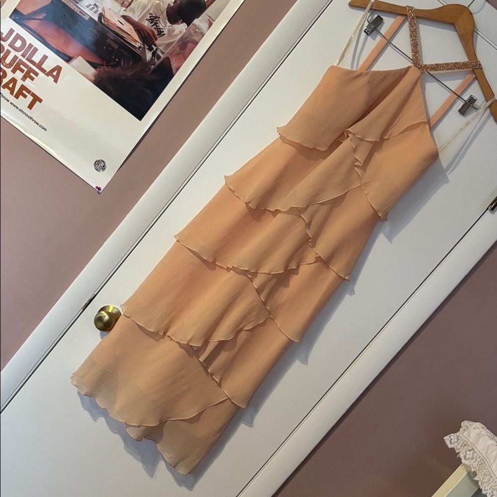 Y2K Vintage Daymor Couture Silk Halter Party Formal Beaded 8 Peach Pink Tiered M - Picture 3 of 17